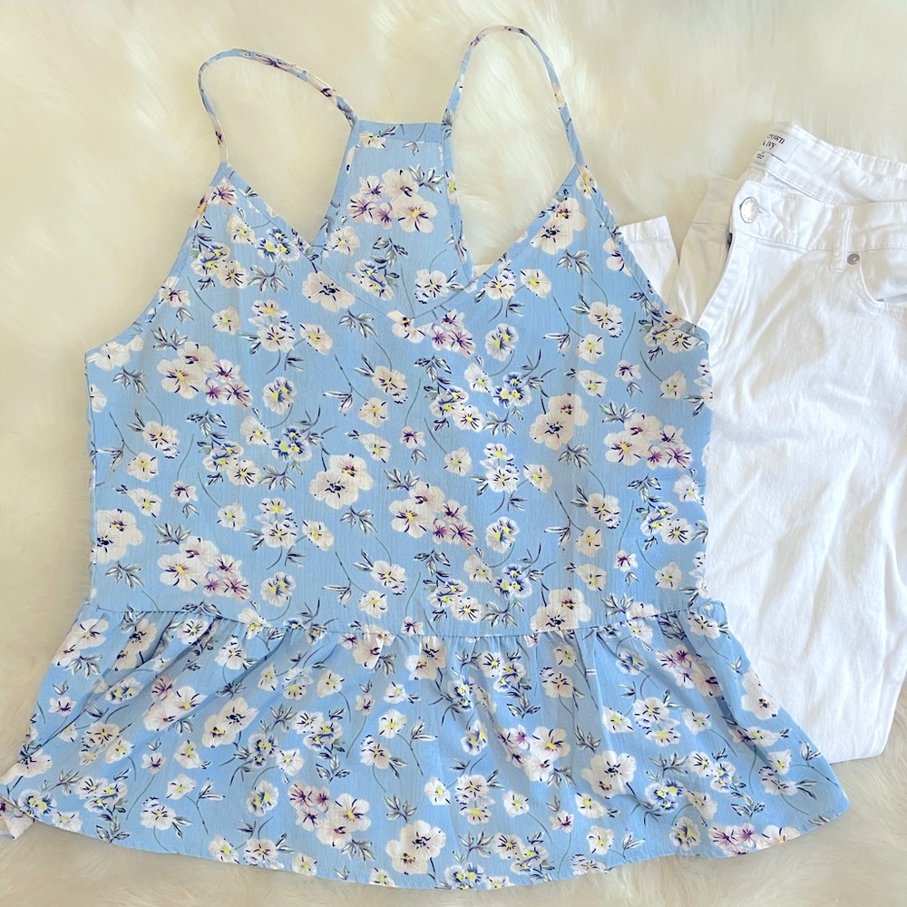 🎁 Blue Floral Racerback Chiffon Tank Ruffle Hem L